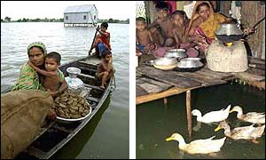 Left: Family moves to higher ground in Shajdpur; marooned family cooks inside their flooded shack