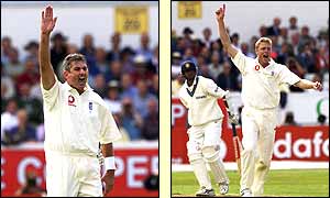 Andy Caddick and Andrew Flintoff appeal in vain for wickets against India