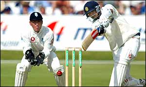 Rahul Dravid on his way to a stubborn fifty against England