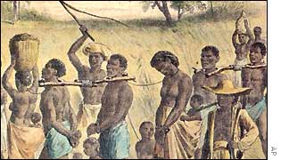 An illustration of slaves in chains in the Americas