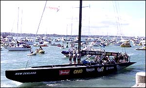 Black Magic returns to the harbour in the Hauraki Gulf in Auckland, New Zealand