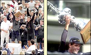 Team New Zealand, skippered by Russell Coutts (right) lift the winners trophy in 2000