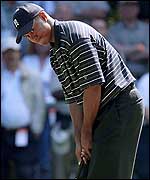 Tiger Woods shows his disappointment with a double bogey