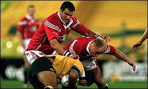 Martin Johnson and Neil Back in action for the Lions