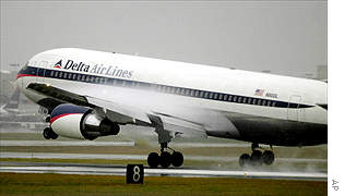 A Delta Air Lines jet takes off from its home-base airport, Atlanta Hartsfield International.