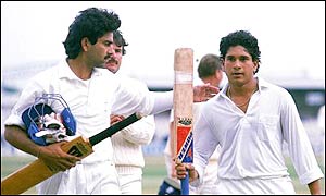 Tendulkar makes 119 not out against England in the second Test match at Old Trafford in 1990