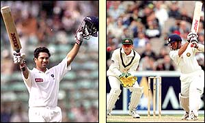 Tendulkar adds to his tally of centuries in Bangalore against Australia in 1998 (left) and in Melbourne the following year
