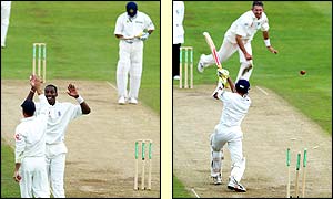 Alex Tudor celebrates the wicket of VVS Laxman (left) which follows the dismissal of Agit Agarkar as India declare on 628/8