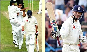 Robert Key (left) is dismissed to hand Zaheer Khan his 50th Test wicket while half an hour later Michael Vaughan grabs a half-century for England