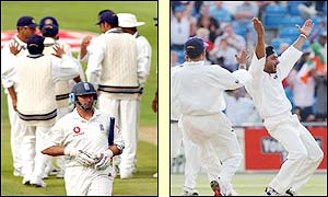 Captain Nasser Hussain walks of the pitch, quickly followed by John Crawley, then Andrew Flintoff for a duck
