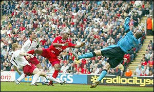 El-Hadji Diouf scores his second goal in his home debut for Liverpool