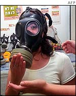Israeli woman wearing gas mask