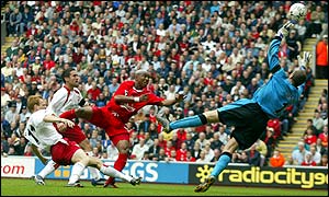 El-Hadji Douf scores his second goal for Liverpool in the 3-0 win over Southampton