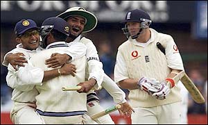 Skipper Sourav Ganguly hugs Virender Sehwag