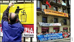 Protest banners are tacked up outside the party's Bilbao headquarters [l] while banners are hung from the building 