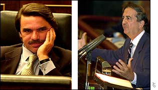 Spanish Prime Minister Jose Maria Aznar listens as Basque nationalist PNV party spokesman Inaki Anasagasti speaks to Spanish parliament
