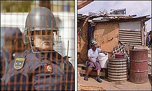 While police guards delegates at the summit in the posh suburb of Sandton (left), residents in the nearby overcrowded township of Alexandra live in shacks. AFP/AP