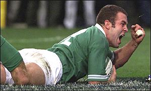 Kevin Maggs celebrates a try against New Zealand last November