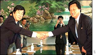 Delegates from North and South Korea meet in August 2002 
