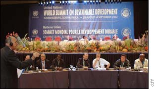 Delegates at a morning plenary session of the World Summit on Sustainable Development 
