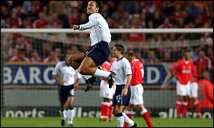 Tottenham's Mauricio Taricco celebrates his side's goal