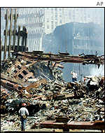 The smoking remains of the World Trade Center as photographed on 21 September 2001