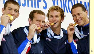 The Us 4x100m medley team celebrate their world record gold