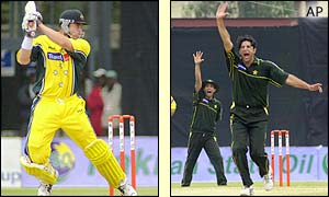 Matthew Hayden plays off the back foot then survives an appeal from Akram