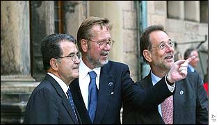 EC President Romano Prodi, host Danish Foreign Minister Per Stig Moller and Javier Solana, EU foreign policy chief