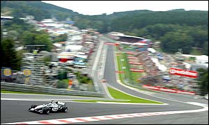 Flying Finn Kimi Raikkonen speeds through Eau Rouge and makes his intentions clear with the quickest lap