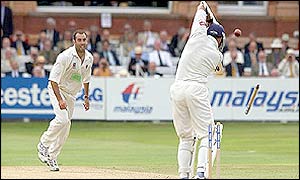 Chris Silverwood bowled for zero by Richard Johnson