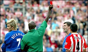 Roy Keane tangles with Jason McAteer for the second time and is sent off in the last minute