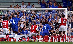 Gianfranco Zola scores for Chelsea against Arsenal