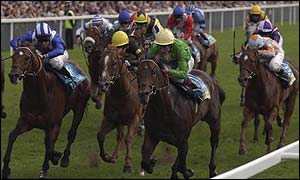Jamie Spencer on Kyllachy (green jacket) won the Nunthorpe Stakes at York