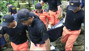 Rescue workers bear a person on a stretcher