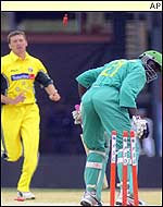 Glenn McGrath takes the first wicket