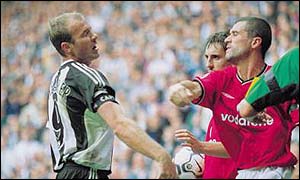 Roy Keane was sent-off for the ninth time against Newcastle after punching Alan Shearer 