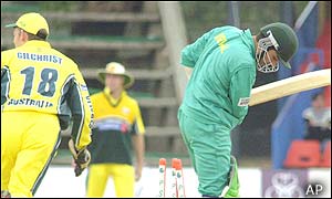 Adam Gilchrist stumps Brijal Patel off the bowling of Shane Warne for 28