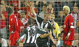 Alan Shearer scored Newcastle's equaliser at Anfield 