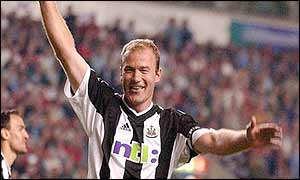 Shearer celebrates his late goal for Newcastle