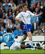 Shaun Wright-Phillips' tackle on Gary Naysmith earned him a red card and Everton a penalty