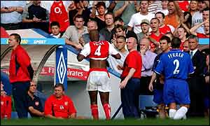 Patrick Vieira walks towards the tunnel after his red card against Chelsea