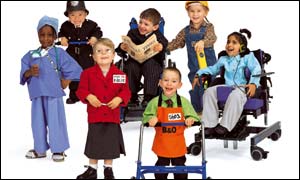 Poster showing disabled children dressed as bankers and store managers alongside the slogan 