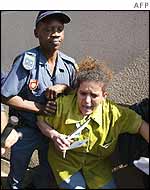 Summit protester in Sandton Square, Johannesburg