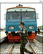 A South Korean soldier passes by Reunification Train at the Dorasan Station, north of Seoul