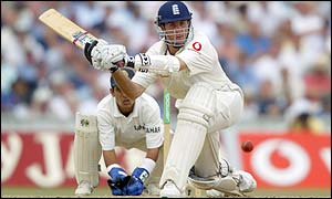 Michael Vaughan sweeps during the afternoon session at The Oval