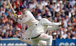 Dominic Cork works the ball leg-side during the afternoon session