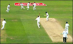 Andy Caddick celebrates taking the wicket of Sehwag to leave India on 18-1
