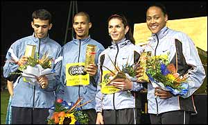 400m hurdler Felix Sanchez and 400m star Guevara share the gold with Marion Jones and Hicham El Guerrouj