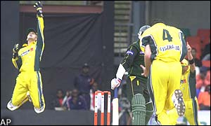 Saeed Anwar is out for 28 after being caught by Adam Gilchrist to leave Pakistan on 37/2